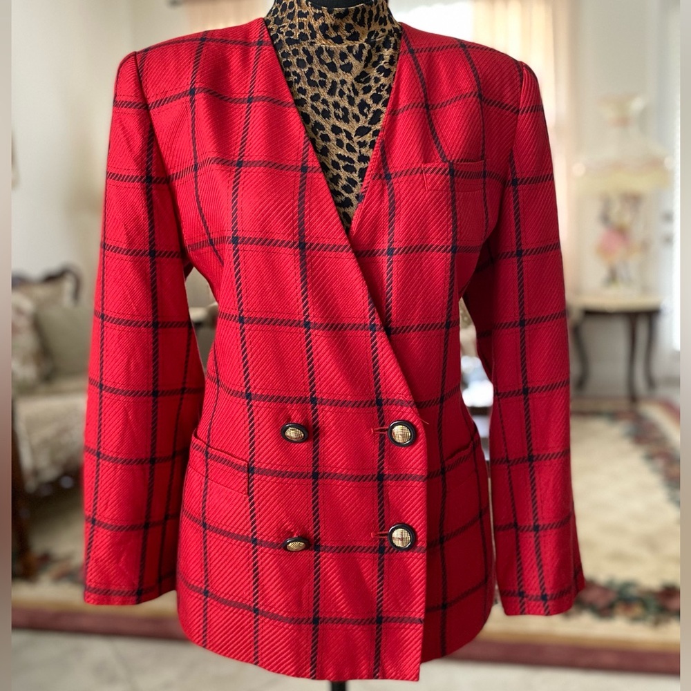 Classic Red Windowpane Double-Breasted Blazer - image 1